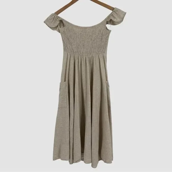 Dress Forum Linen Blend Off Shoulder Smocked Back Dress in Natural | Small - Picture 3 of 6